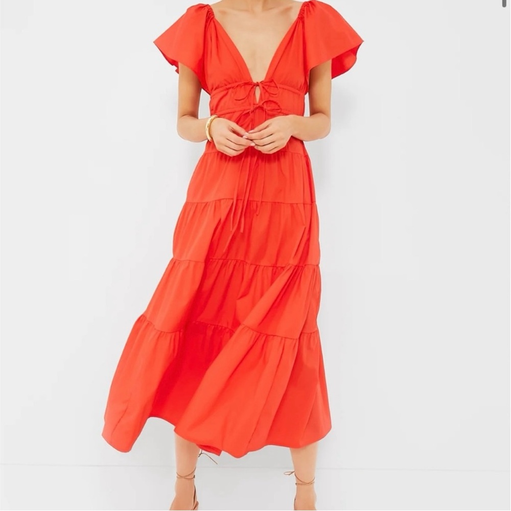 Orange Red Flutter Sleeve Tiered Midi Dress